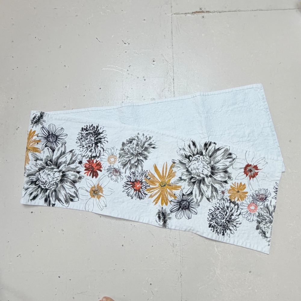 Rachel Zoe White Cotton Floral Table Runner Mustard Orange Grey 82 x 15 Inch